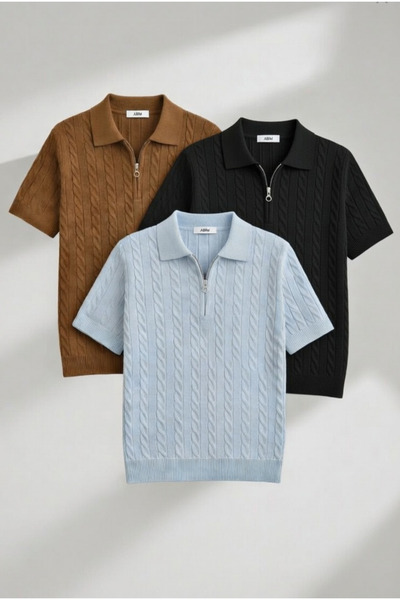 LEYEL Moda 3-Piece Knitted Patterned Knitwear Regular Cotton Multi-Colored T-...