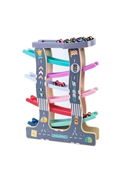 PlayFun Jucarie inetractiva copii, Pista cu 7 rampe, circuit, 8 masinute, lem...