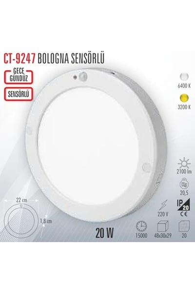 Cata 20W BOLOGNA SENSÖRLÜ SIVA ÜSTÜ LED ARMATÜR