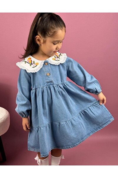 Karaniko Kids Дънки рокля за момичета с бродирана яка