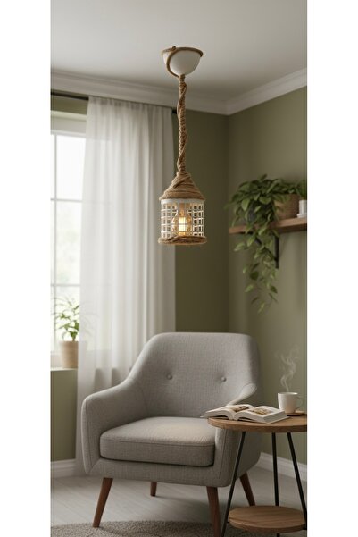 KyroStüdyo Kyro Studio Luna - Beyaz Kafesli Jüt Halatlı Tekli Avize, Retro Bo...