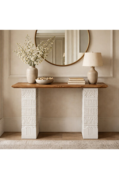 Vi Markets A refined console table featuring a natural wooden top supported b...