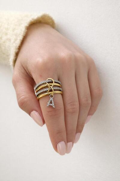 Charmist 14K Çelik Üzeri Altın Kaplama 4 Sıralı Gold Gümüş Harfli Spiral Yüzü...