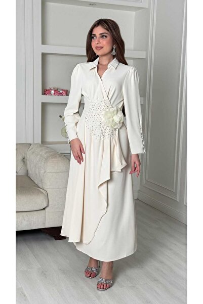 DVNA Soft cream-colored evening dress - with a rose design and off-white embe...