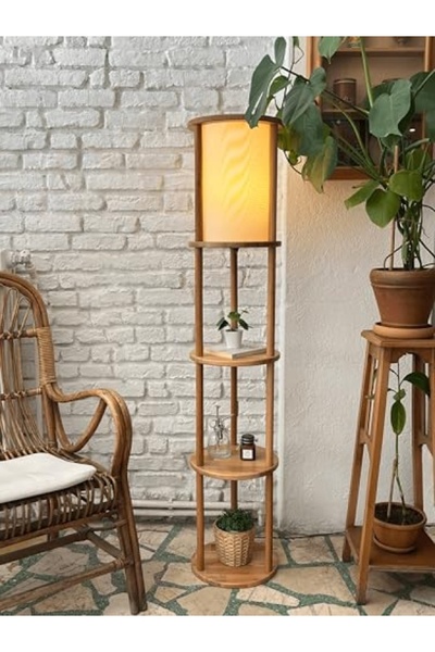 markentegra 3 Katlı Ahşap Lambader ve Keten Abajur