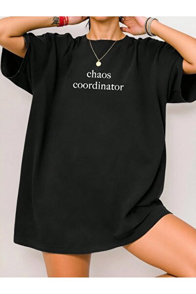 Vordevia Tricou unisex oversize negru cu imprimeu Chaos Coordinator, croială ...