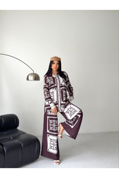 WellWay Imported Jessica Fabric Shirt & Trousers 2-Piece Set-Brown Floral-2619