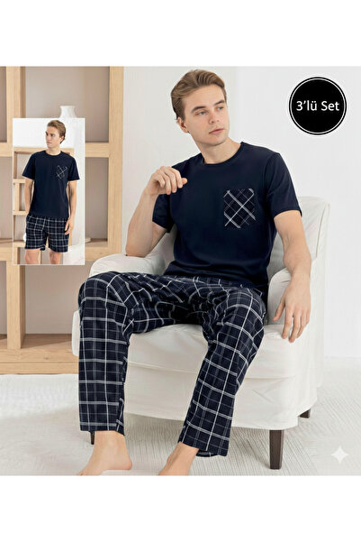 İpek Men's Short Sleeve Crew Neck Plaid Pattern Shorts + Six Long 3-Piece Paj...