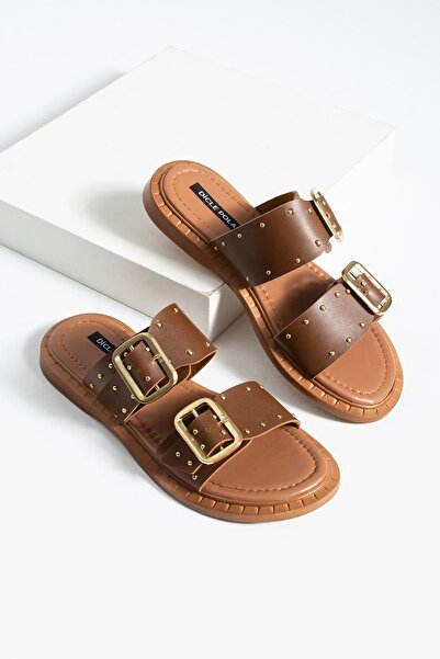 diclepolat Papuci de damă maro cu cataramă dublă și ținte, confortabili, cu t...