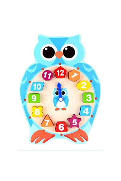 PlayFun Jucarie Ceas din Lemn cu Forme Geometrice si Numere, Bufnita Vesela