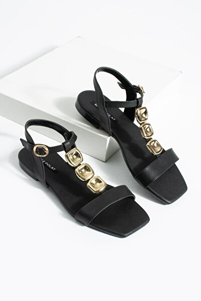 diclepolat Ženski crni zlatni detaljni remen za gležnjeve Sandale – Ravan đon...