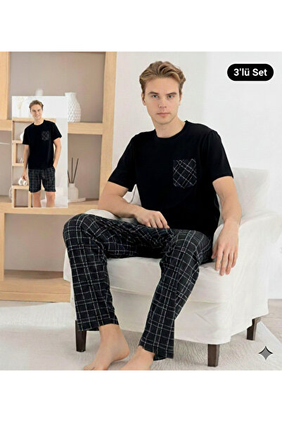 İpek Men's Short Sleeve Crew Neck Plaid Pattern Shorts + Six Long 3-Piece Paj...