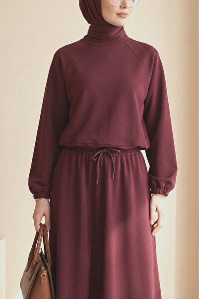 Modamorfo Round Neck Bat Sleeve Elastic Waist Skirt Suit - Burgundy