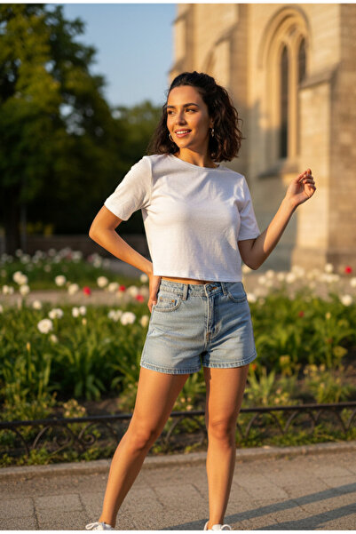 YusGos Crew Neck Ribbed Lycra Crop T-Shirt