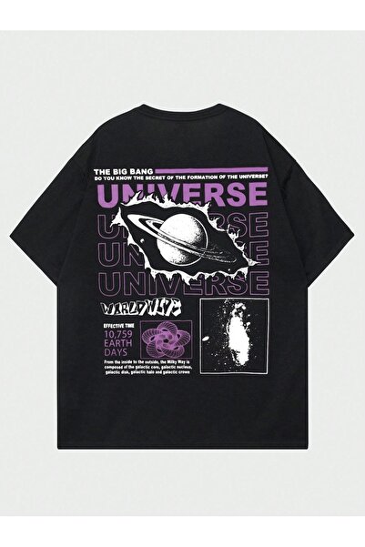 Vordevia Tricou unisex negru supradimensionat cu imprimeu Universe, tricou de...