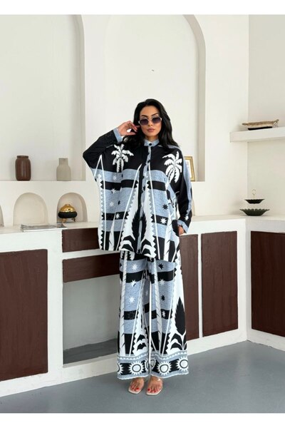 WellWay Imported Jessica Fabric Shirt & Trousers 2-Piece Set-Blue Floral-2590