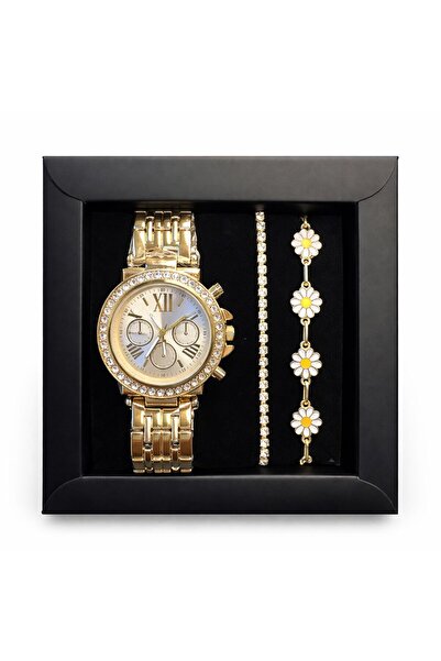 SEES AKSESUAR Kadın Gold Renk Taş Detaylı Saat ve Papatya Bileklik Seti – Işı...