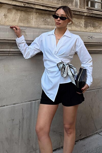 Swist White Double-Breasted Women's Shirt with Scarf Tie and Elastic Waist