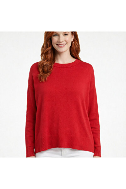 Neden Tekstil Red Crew Neck Low Shoulder Loose Knit Sweater