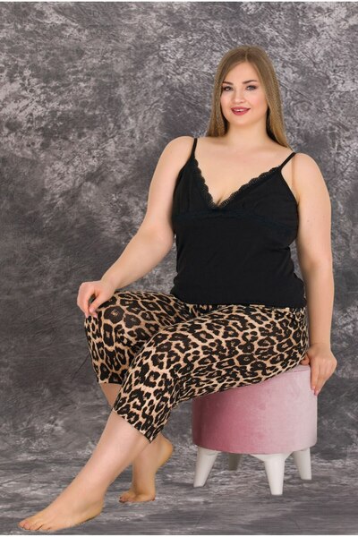 by İGP Battal Large Size Viscose Leopard Patterned Strappy Capped Pajama Set