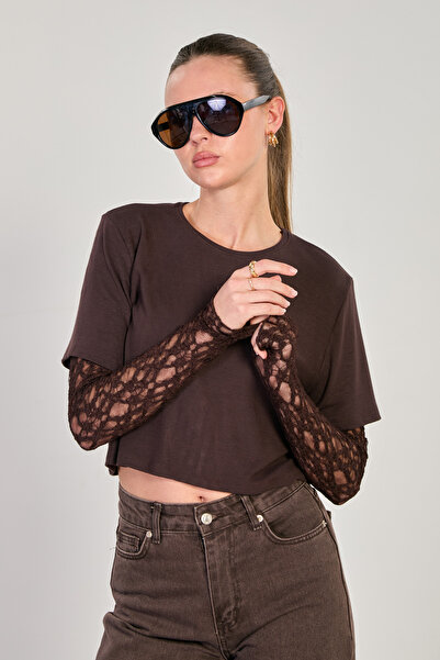 BARRELS AND OIL Women's Lace Sleeve Detailed Blouse - Bitter Brown