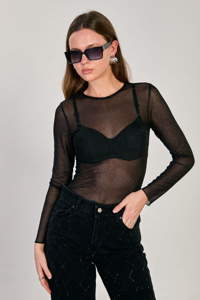 BARRELS AND OIL Women's Silvery Long Sleeve Transparent Bodysuit - Black