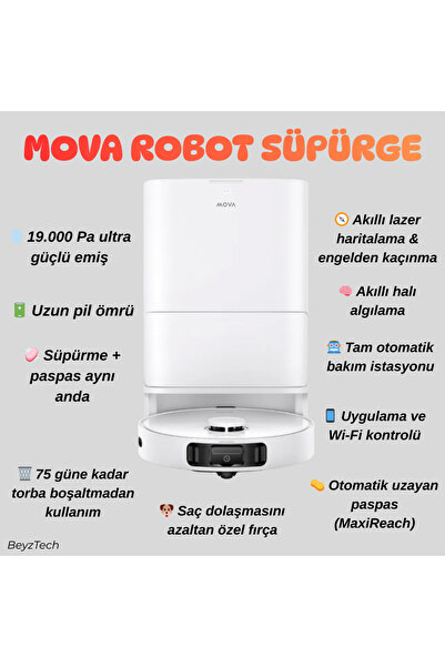 MOVA Kendini Temizleyen İstasyonlu, Güçlü Emişli Paspaslı Robot Süpürge