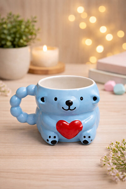 İZart Blue Bear Mug 3D Embossed Custom Embossed Fully Handmade Ceramic Mug
