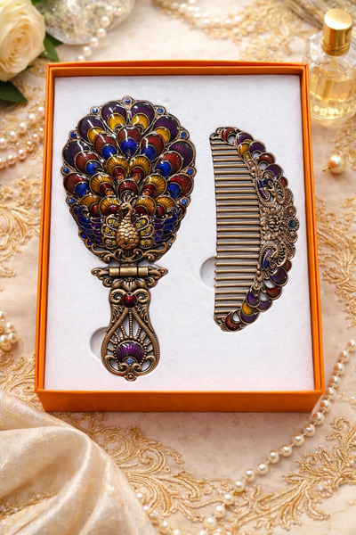 hediyeconcepti Османски винтидж комплект ръчно огледало и гребен с паунов мот...