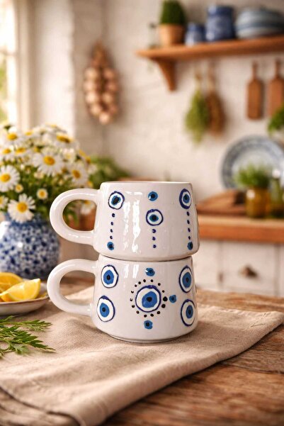 CEYU SERAMİK Nazar Boncuğu Patterned Ceramic Mug (Set of 2)