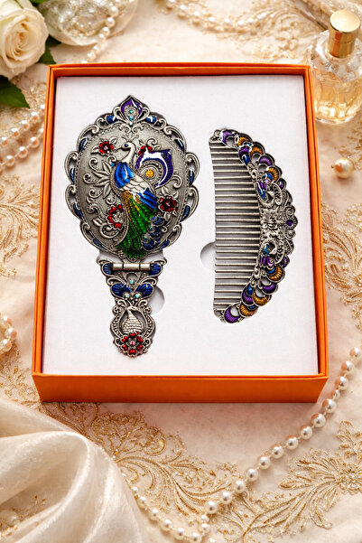 hediyeconcepti Ottoman Vintage Peacock Patterned Hand Mirror & Comb Set – Ant...