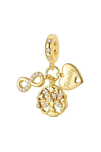 Lux Design 925 Ayar Gümüş Sonsuz, Aile Ağacı Üçlü Sallantılı Charm - Gold Altın