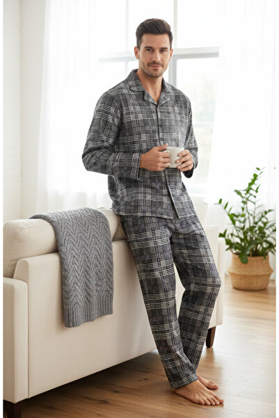 YusGos Men's Apaj Collar Plaid Buttoned 100% Cotton Pajama Set