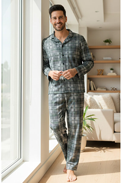 YusGos Men's Apaj Collar Plaid Buttoned 100% Cotton Pajama Set