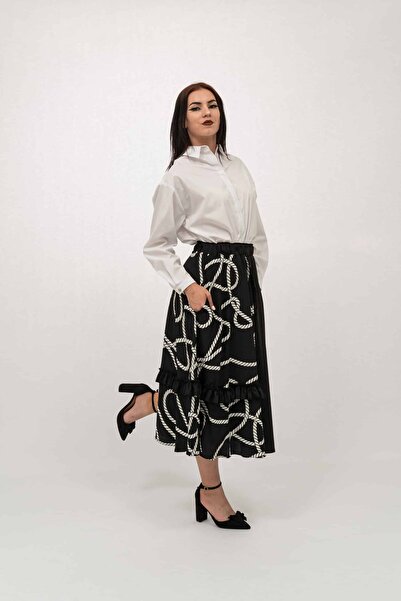 Gorgeaux Elegant Black Skirt with Print and Ruffles - 3XL(46)