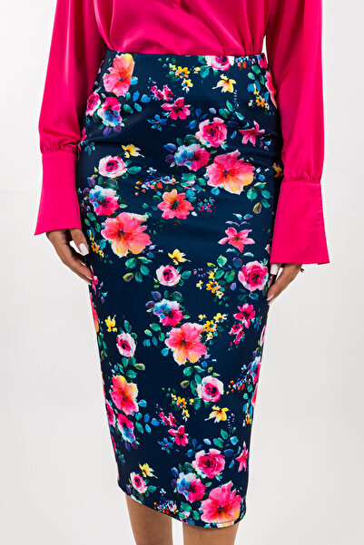Gorgeaux Blue Pencil Skirt with Pink Floral Print - 3XL(46)