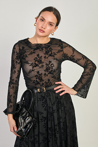 BARRELS AND OIL Women's Velvet Floral Pattern Transparent Blouse - Black