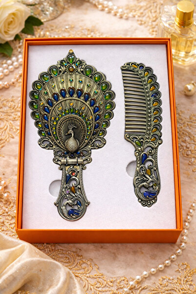 hediyeconcepti Ottoman Vintage Peacock Patterned Hand Mirror & Comb Set – Ant...