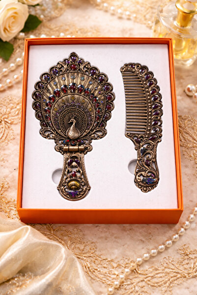 hediyeconcepti Ottoman Vintage Peacock Patterned Hand Mirror & Comb Set – Ant...