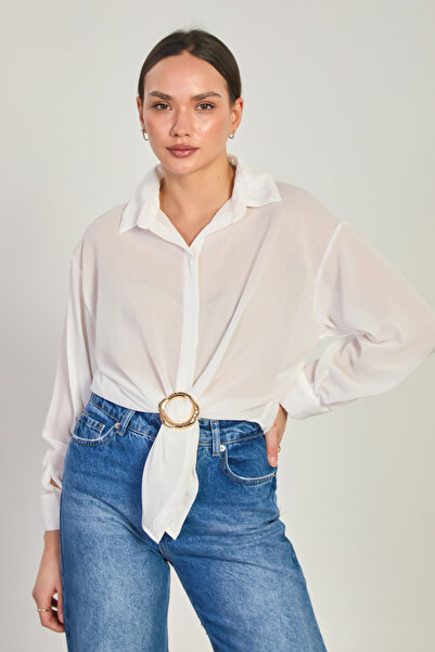 BARRELS AND OIL Women's long sleeve blouse with ring detail - ecru