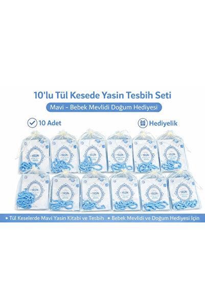 SHR 10’lu Tül Kesede Yasin Tesbih Seti Mavi – Bebek Mevlidi Doğum Hediyesi