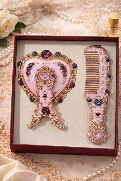 hediyeconcepti Luxury Heart Design Hand Mirror & Comb Set – Vintage Floral Em...