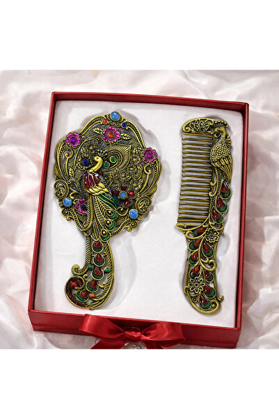 hediyeconcepti Ottoman Palace Collection Embroidered Hand Mirror and Comb Set...