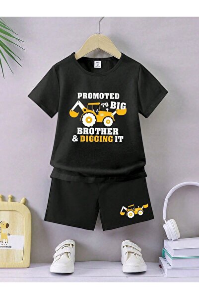 Kids Летен комплект за момчета с черна блуза и къси панталони с принт на трактор