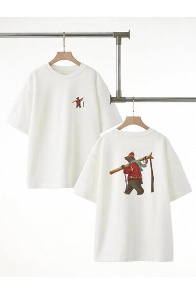 Generic Brand Unisex White Oversize Cotton Mountaineer Bear Front and Back Pr...