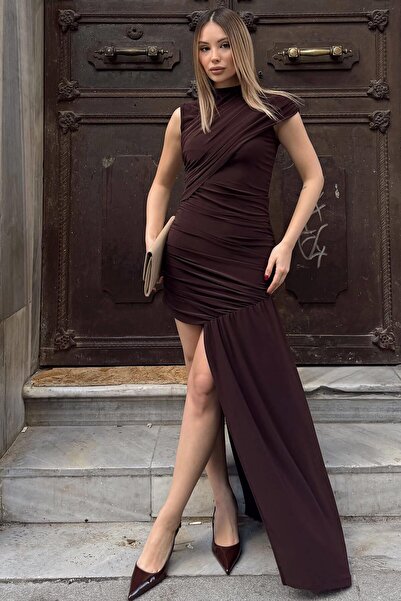 Swist Brown Zero Sleeve Tail Detail Full Draped Women's Sandy Dress