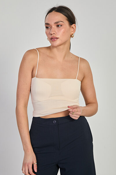 BARRELS AND OIL Women's Crop Tank Top with Chest Pads and Straps - Beige