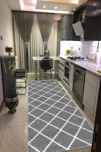 CENTER AVM Gri Halı Mutfak Halısı Makinede Yıkanabilir Halı Kaymaz Taban Halı