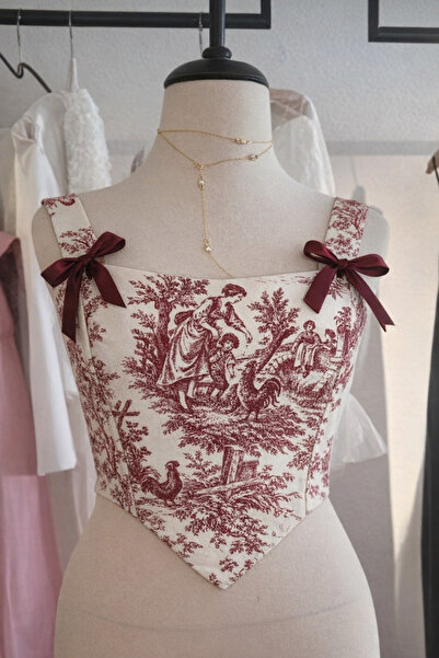 KARDELEN YAPALI Vintage Bordo Toile Desen Korse Büstiyer