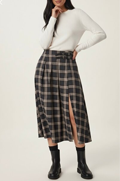 Hisleria Γυναικεία φούστα με λεπτομέρεια ζώνης, καρό σχέδιο, σκίσιμο και φαρδ...